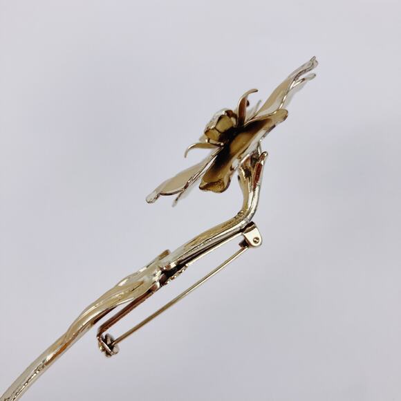 Vintage 50s 60s Gold Tone Flower Brooch Aurora Borealis Rhinestone Large Pin - Picture 12 of 12